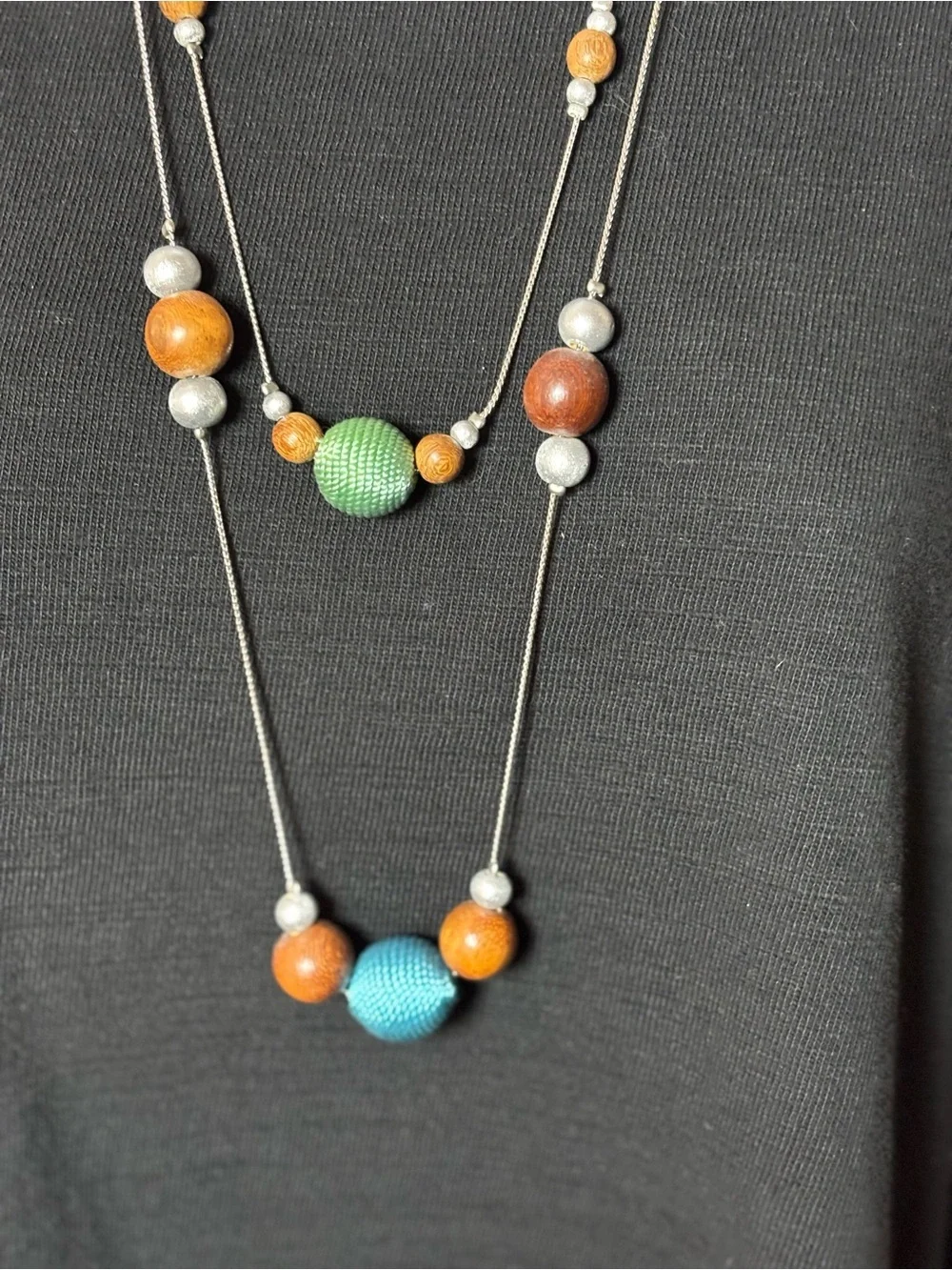 Artisanal Multi-Strand Statement Necklace with Fabric and Wooden Beads